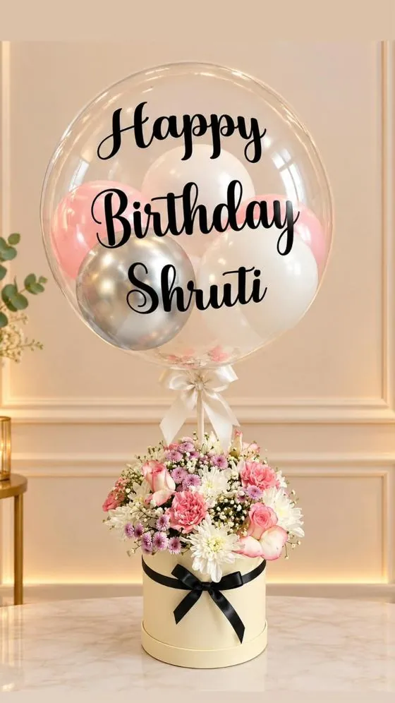 Clear bubble balloon filled with pink, white and silver balloons printed Happy Birthday, above a cream flower box