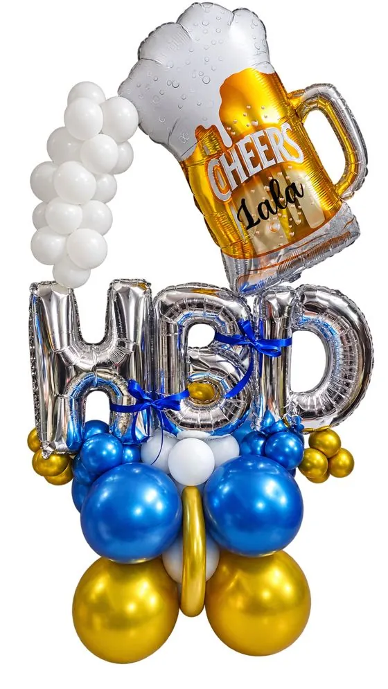 Silver HBD letters with a Cheers beer mug foil balloon on a blue and gold base