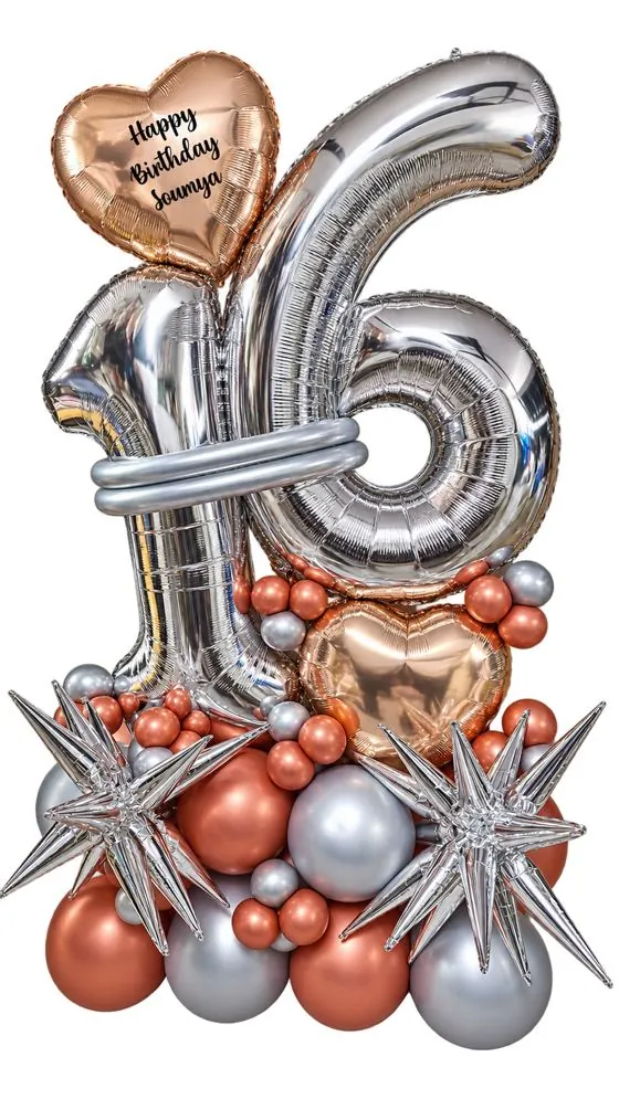 Silver number 16 balloon stack with a personalised rose gold heart and starburst balloons