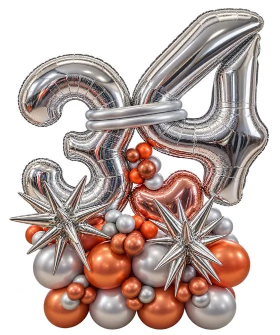 Silver number 34 balloon stack with a rose gold heart and starburst balloons