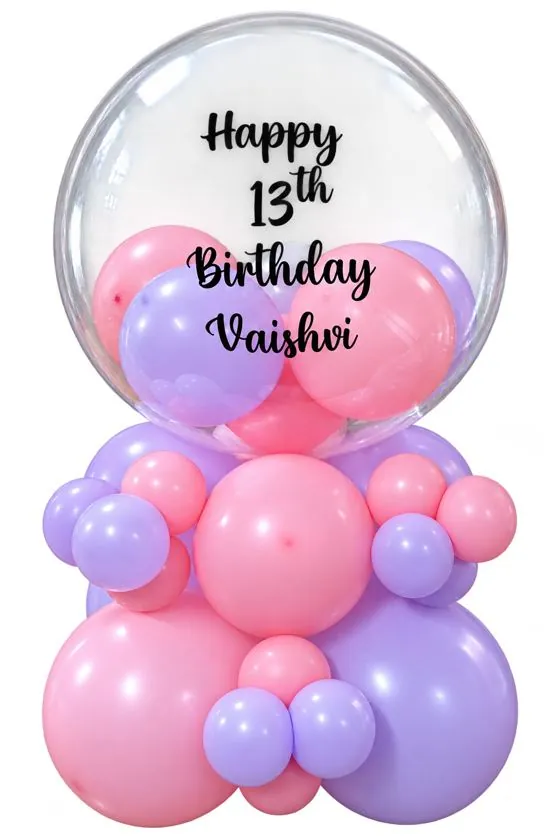 Clear bubble balloon with pink and lilac balloons inside, printed Happy 13th Birthday, on a matching pink and lilac base
