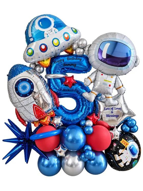 Blue number 5 balloon stack with a rocket, astronaut, UFO and planets